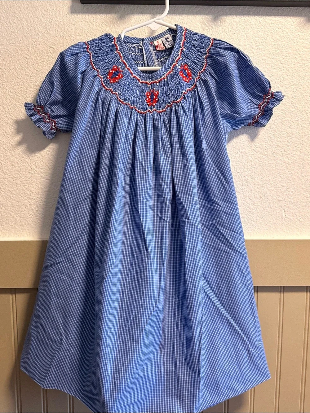 Express Blue Gingham Smocked Dress with Red Embroidery